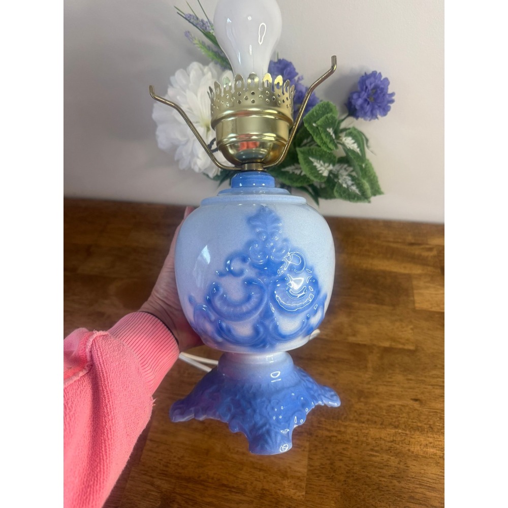 Vintage Blue Milk Glass Table Lamp Hand Painted Floral Hurricane Shade 3 Way - Picture 10 of 15